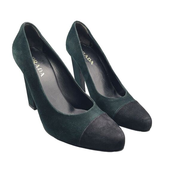 Prada Shoes - Prada Heel Pumps Shoes Donna Calzature Green Black Suede Cap Toe Sz 6 36 Used